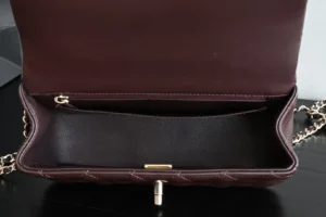 Chanel Classic Flap Bag Small CF1112 burgundy calfskin leather gold chain shoulder bag interior view