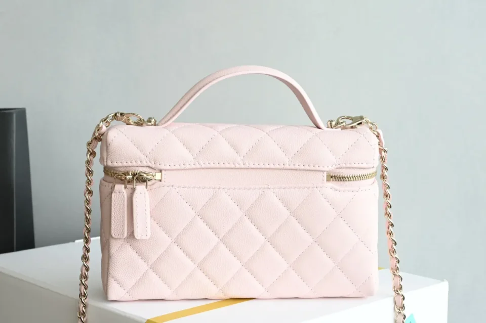 Chanel Vanity Case Small A01457 pink quilted caviar leather bag with gold chain strap