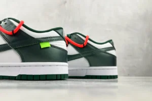 Nike Dunk Low Off-White Pine Green white leather sneakers with red laces and green sole details