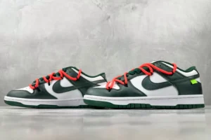 Nike Dunk Low Off-White Pine Green white black leather sneakers with orange laces and green accents