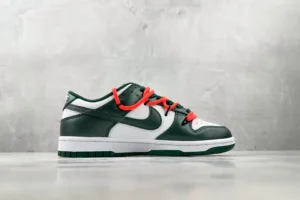 Nike Dunk Low Off-White Pine Green white leather sneakers with bright orange laces