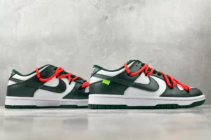 Nike Dunk Low Off-White Pine Green white red leather sneakers with orange laces