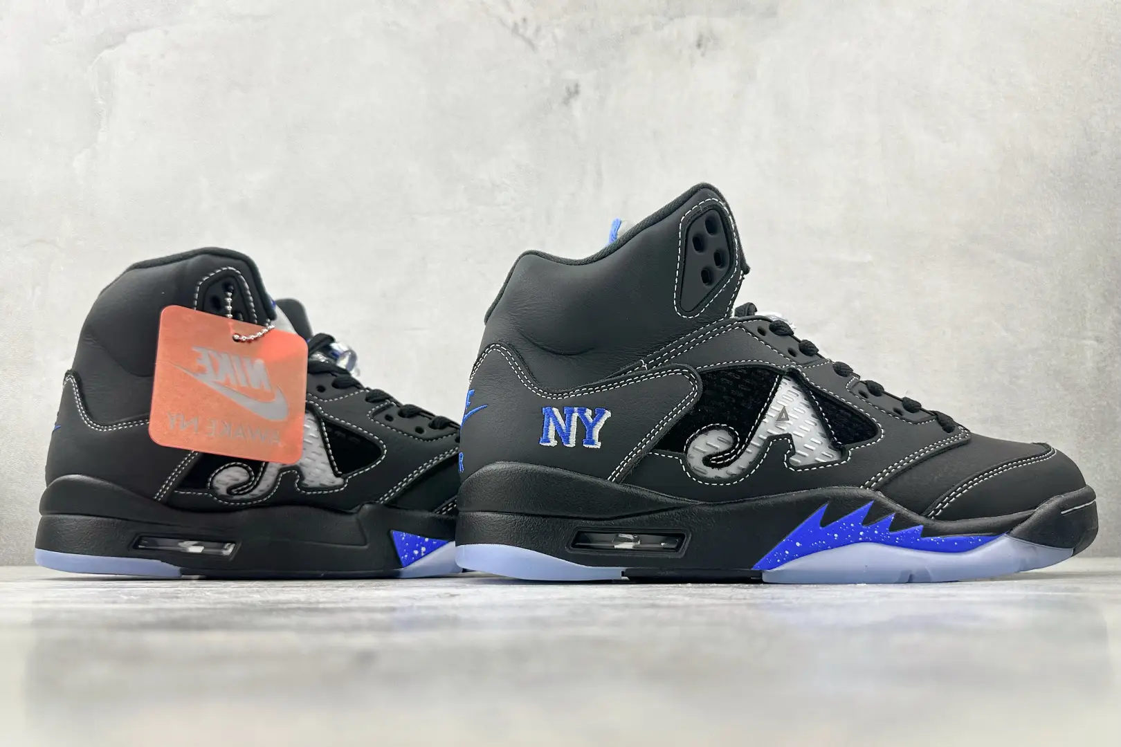 Nike Air Jordan 5 x Awake NY black blue leather sneakers with embroidered NY logo and mesh panels