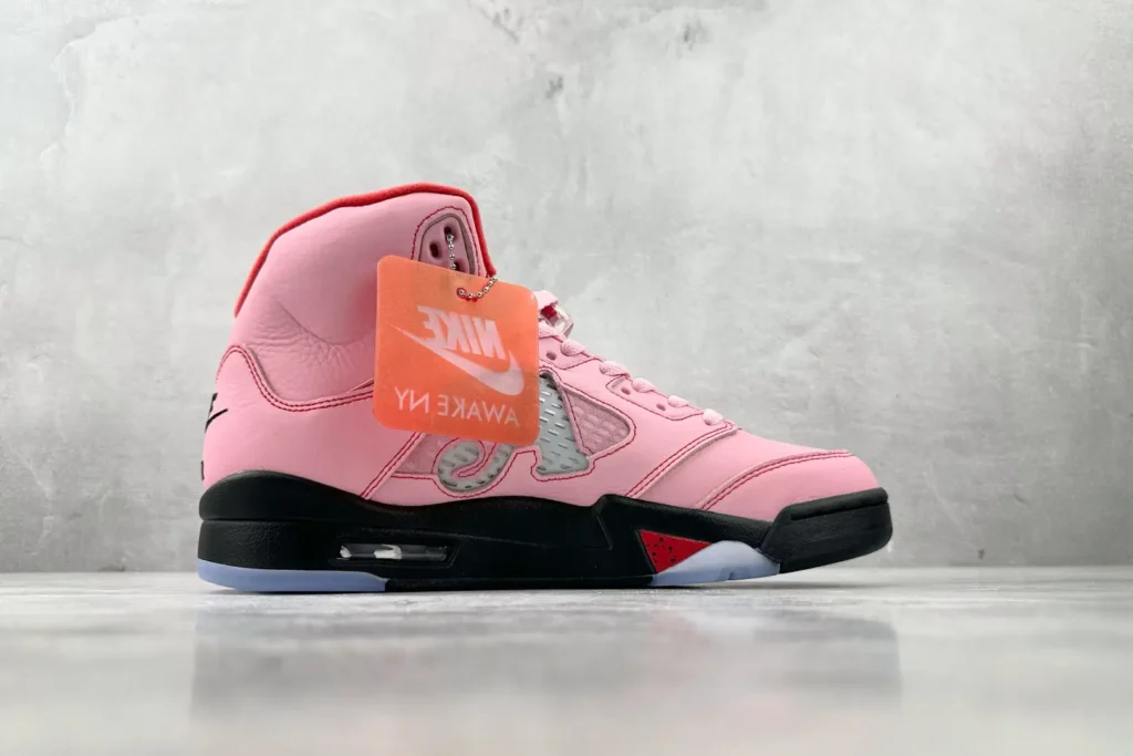 Nike Air Jordan 5 Retro Pink Quartz pink black red leather sneakers with translucent sole