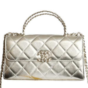 Chanel Classic Flap Mini Bag silver quilted lambskin leather with chain handle and CC logo clasp