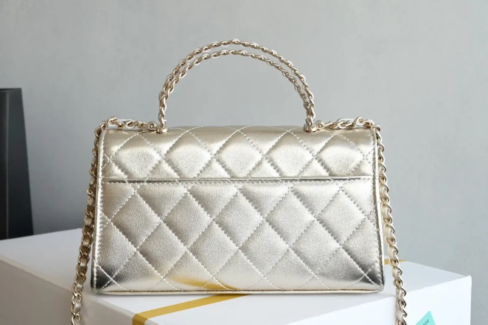 Chanel Classic Flap Bag small gold metallic quilted leather with chain handle and shoulder strap
