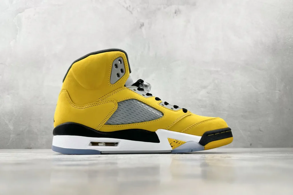 Nike Air Jordan 5 Retro Yellow Black Grey Nubuck sneakers with translucent sole and air cushioning