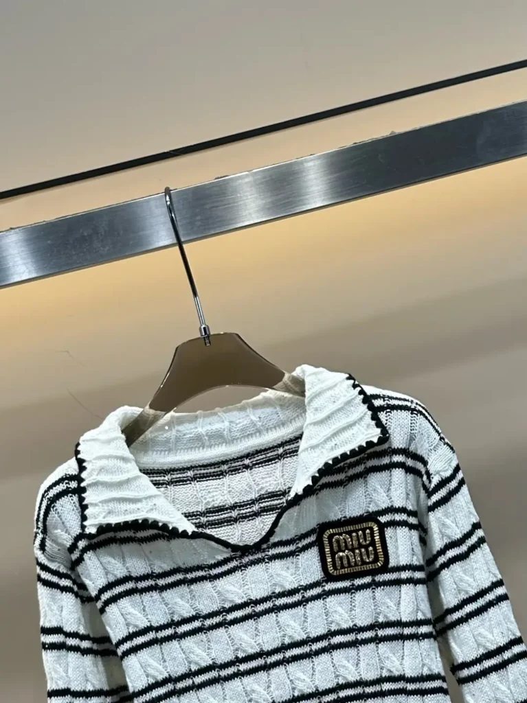 Miu Miu knit sweater white black striped cotton blend with collared neckline and logo patch