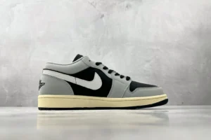 Nike Jordan 1 Low OG Style DV1391-001 black and light gray leather sneaker with off-white sole