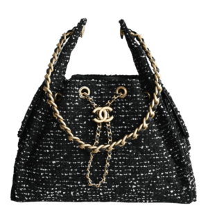 Chanel Gabrielle Medium 2023 black tweed drawstring bag gold chain leather trim