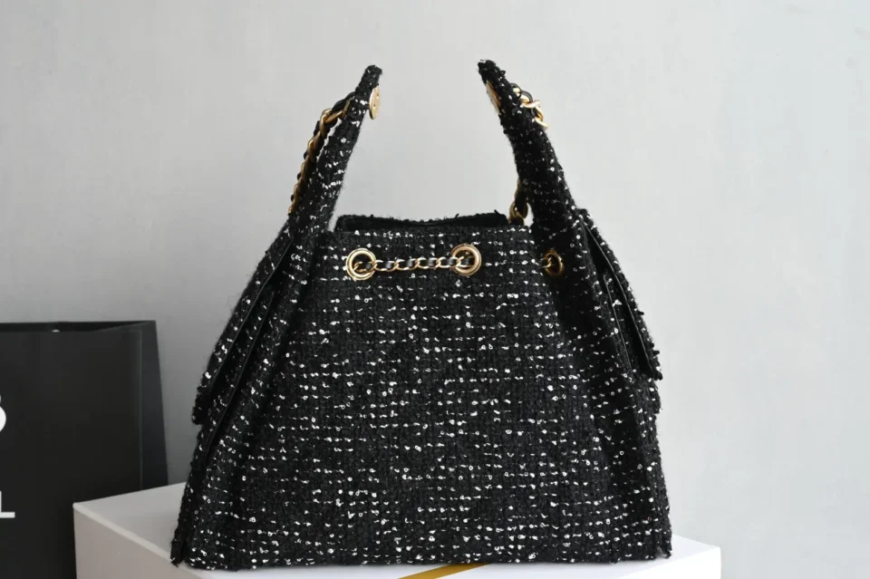 Chanel Gabrielle Small Tote Bag black tweed M53703 gold-tone chain hardware