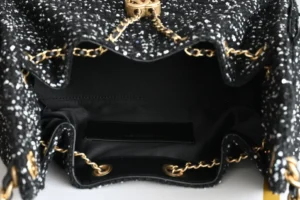 Chanel Gabrielle small tweed chain bag black with gold hardware and leather interior lining