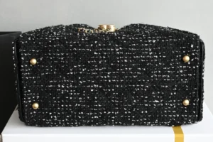 Chanel Classic Flap Small A01112 black tweed bag with gold hardware and chain strap