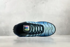 Nike Air Max Plus TN Light Blue Black Gradient mesh sneakers with colorful logo on tongue