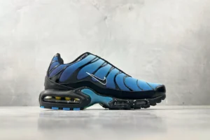 Nike Air Max Plus OG blue black leather mesh sneakers with visible Air cushioning and speckled sole detailing
