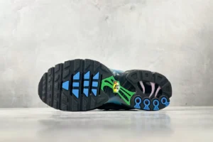 Nike Air Max Plus black green blue synthetic sneakers outsole view with TN logo and traction details