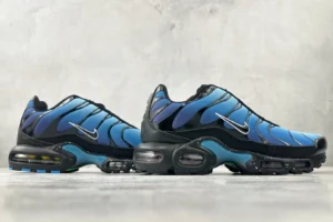 Nike Air Max Plus blue black gradient mesh sneakers with visible air cushioning and leather overlays