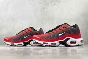 Nike Air Max Plus TN Red Black White synthetic sneakers with visible air cushioning and gradient design