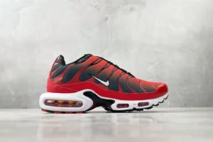 Nike Air Max Plus TN Hyper Red black gradient mesh sneakers with visible air sole unit and white midsole