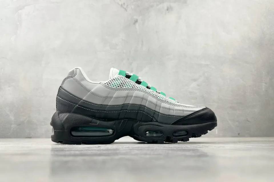 Nike Air Max 95 OG green black white leather and mesh sneakers with visible air sole unit