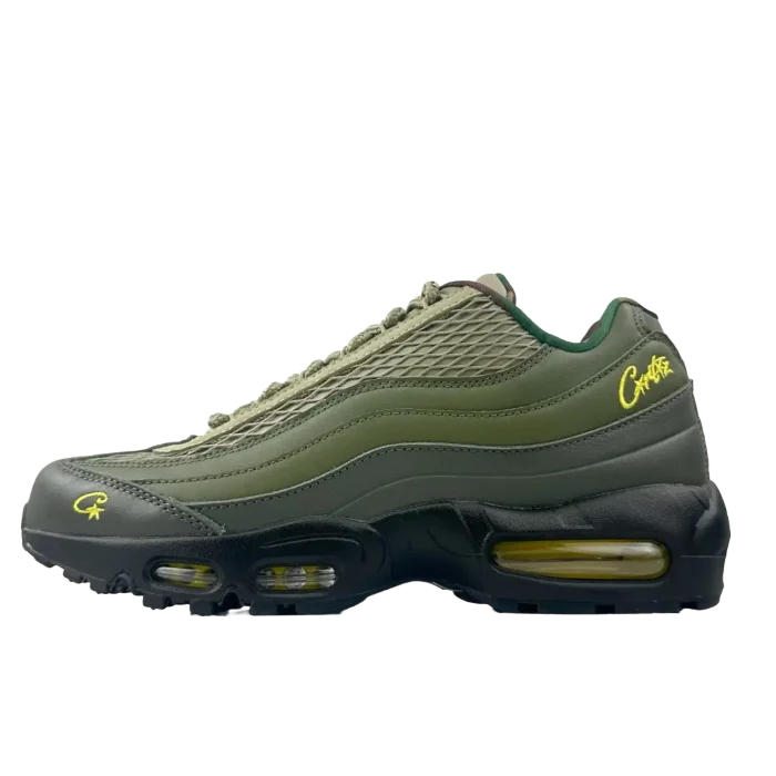 Corteiz x Nike Air Max 95 sneakers in olive green and black, featuring mesh and leather materials, with visible air cushioning and signature branding.