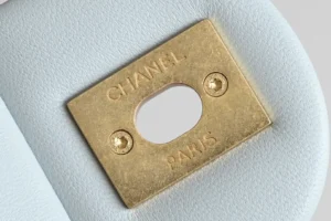Chanel bag hardware plate gold-tone metal on white textured leather background