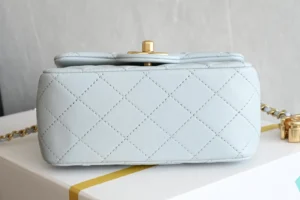 Chanel Classic Flap Bag Small A01112 light blue quilted lambskin leather with gold chain hardware