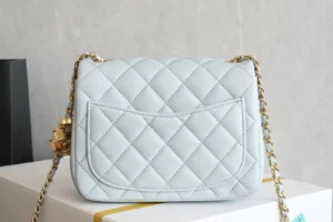 Chanel Classic Flap 20cm A01112 light blue lambskin leather bag gold chain strap
