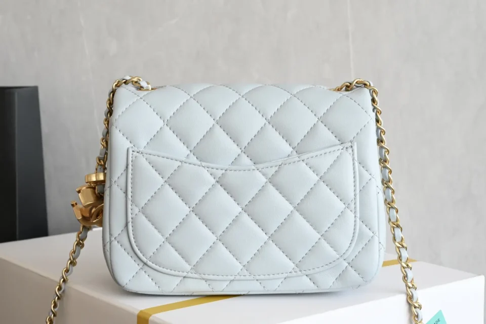 Chanel Classic Flap 20cm A01112 light blue lambskin leather bag gold chain strap