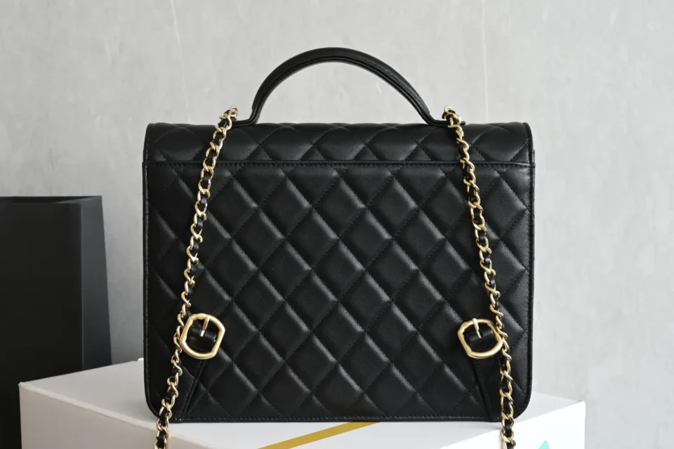 Chanel Classic Flap Medium A01112 black lambskin leather bag gold chain hardware