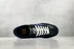 Adidas Ozweego black purple white leather and suede sneakers with white laces and logo on tongue