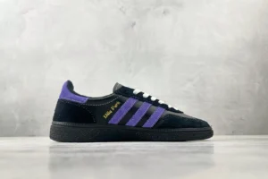 Adidas Lilla Park black purple colorway suede leather sneakers with white laces and gold lettering