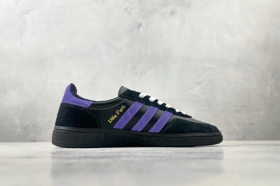 Adidas Lilla Park black purple colorway suede leather sneakers with white laces and gold lettering