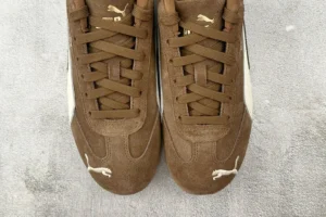 Puma Rio Suede brown beige colorway suede leather sneakers with signature Puma logo embroidery