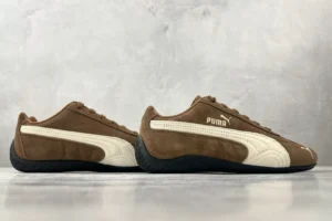 Puma Speed Cat vintage brown beige suede sneakers with black rubber sole and signature stripe detailing