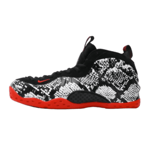 Nike Air Foamposite One black white red synthetic sneakers with red sole and black mesh upper