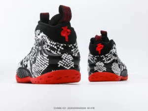 Nike Air Foamposite One Black White Red sneakers with synthetic upper and red rubber outsole