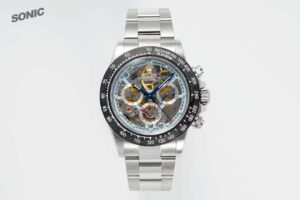 Rolex Daytona skeleton replica forged carbon tachymetre bezel gold blue skeletonized movement Oyster bracelet 116500LN-0002