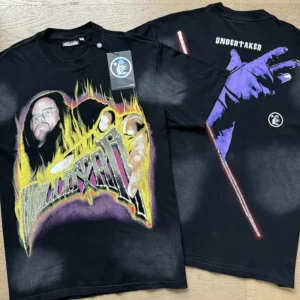 Hellstar graphic T-shirt black cotton Undertaker design with purple gloves and flame print front and back