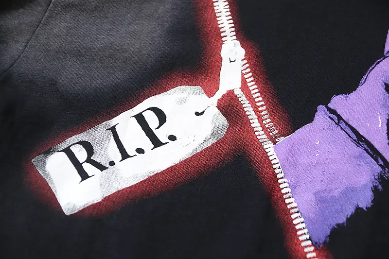 Repsgoat RIP graphic print black cotton t-shirt with zipper and purple design detail