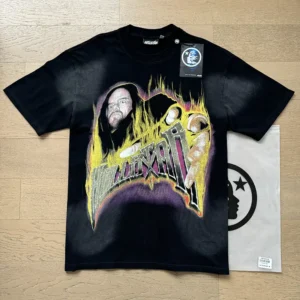 Helistar graphic t-shirt black cotton with fiery character print and logo tag