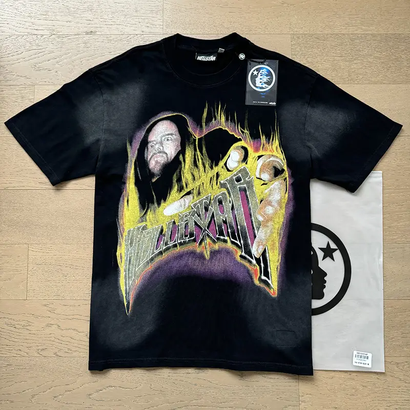 Helistar graphic t-shirt black cotton with fiery character print and logo tag