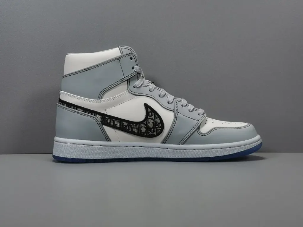 Nike Air Jordan 1 High Dior white grey black leather sneakers with branded swoosh logo