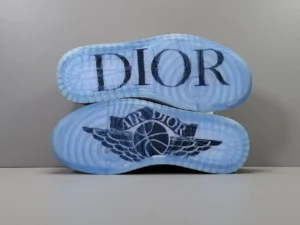 Dior Air Jordan 1 Low OG translucent icy sole sneaker with black logo and blue rubber material