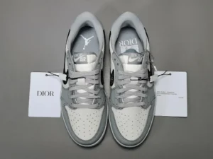 Dior Air Jordan 1 Low grey white black leather sneakers with tag and keychain accessory