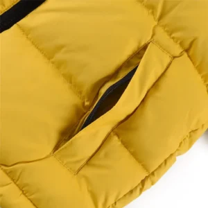 Repsgoat yellow padded jacket polyester material with zippered side pocket close-up detail
