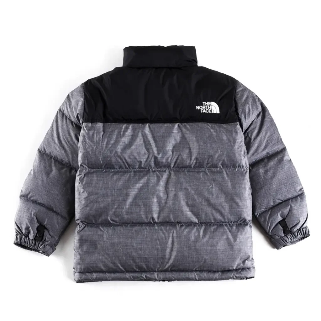 The North Face Nuptse Jacket 1996 Retro Grey color insulated puffer jacket with black shoulder panels