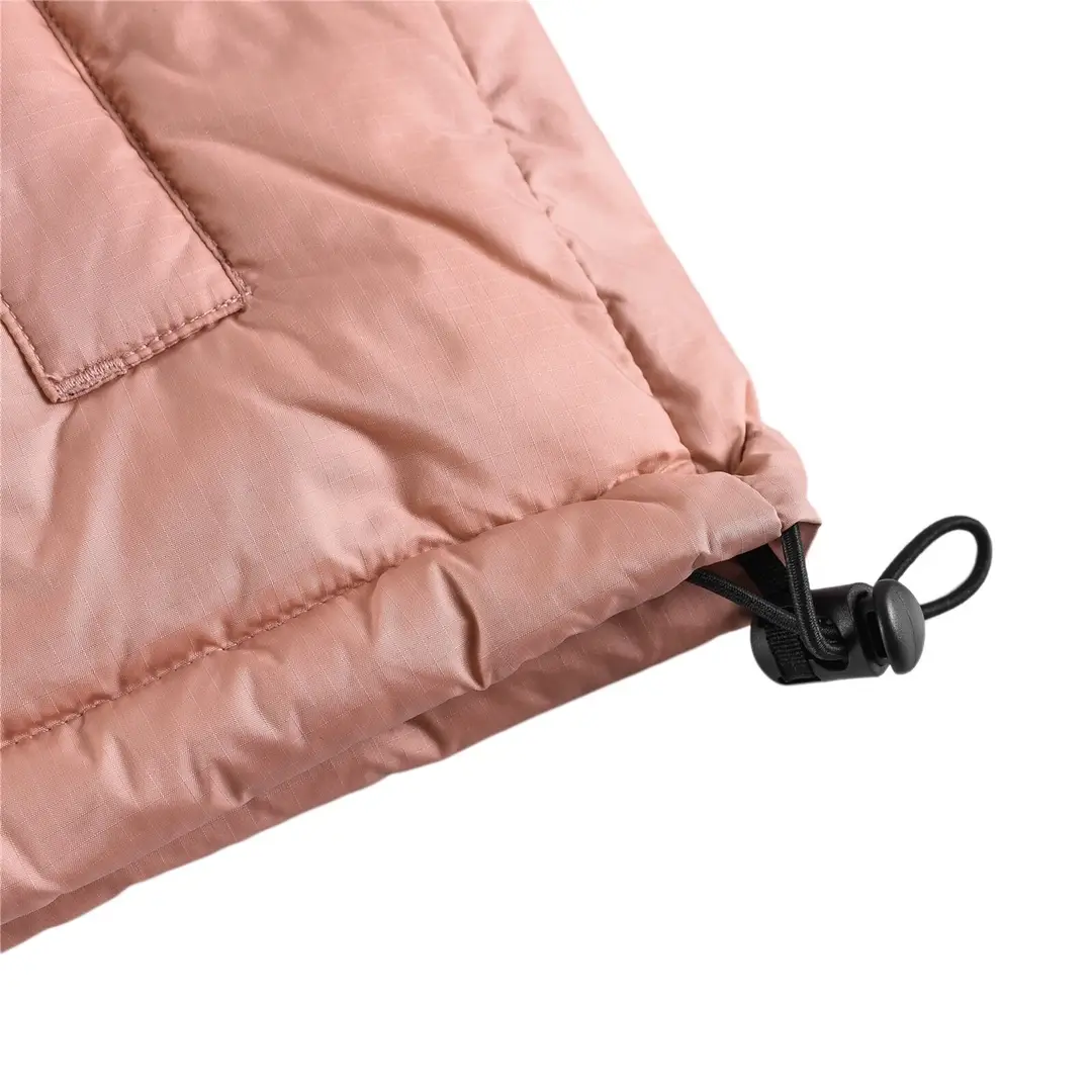 Repsgoat puffer jacket dusty pink nylon fabric with adjustable black toggle drawstring hem