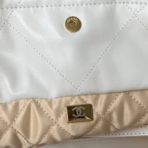 Chanel Classic Flap Bag small white lambskin leather beige satin quilted fabric gold hardware