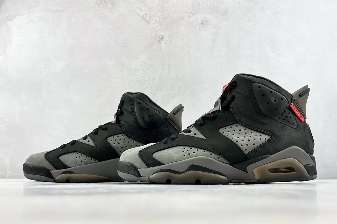 Air Jordan 6 Retro Black Cat black grey nubuck leather sneakers with red accents